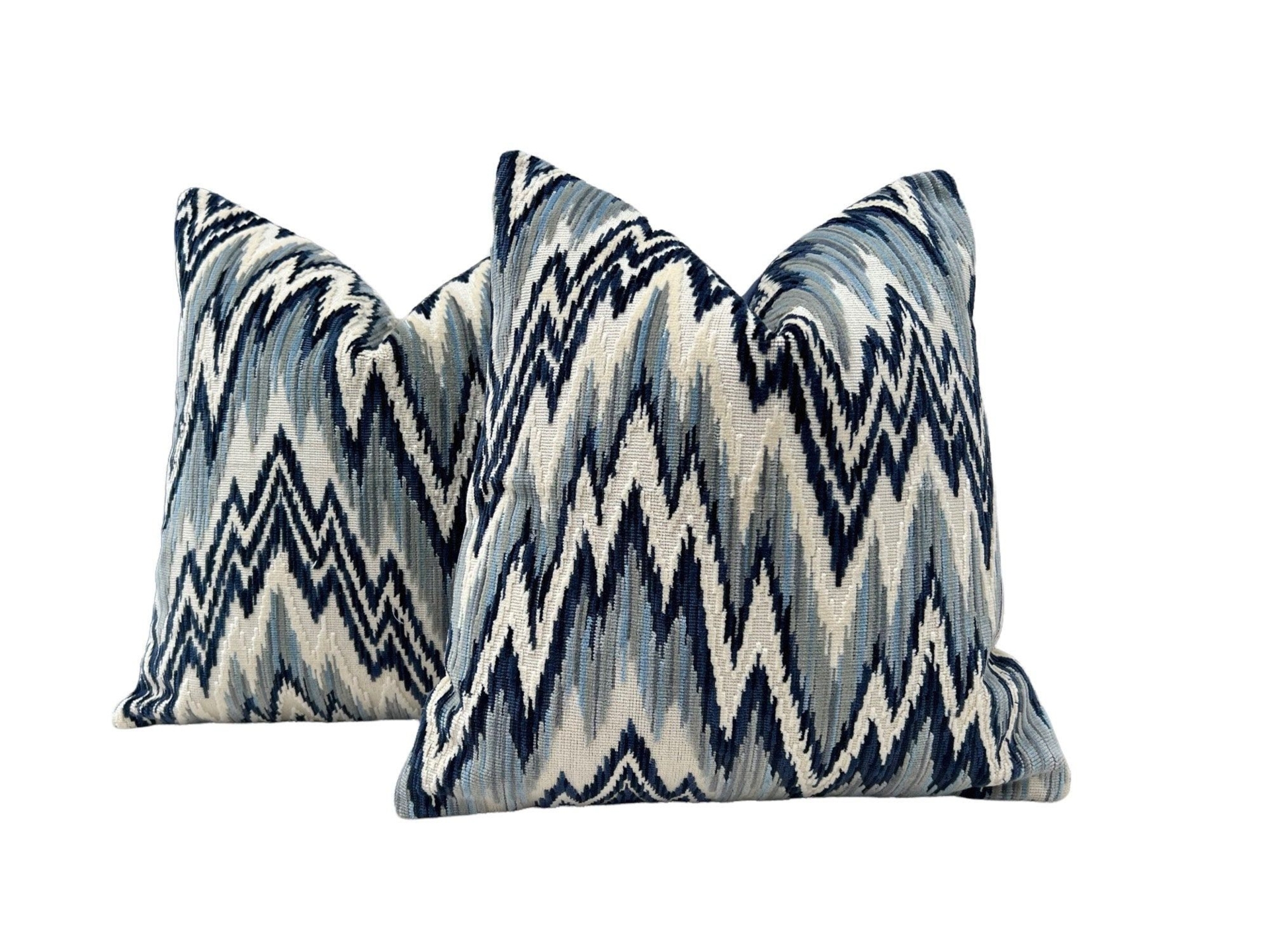Thibaut Rhythm Velvet Pillow in Sterling and Navy. Designer Pillows // Zig Zag Velvet Pillow Covers // High End Pillows // Blue Gray Pillows