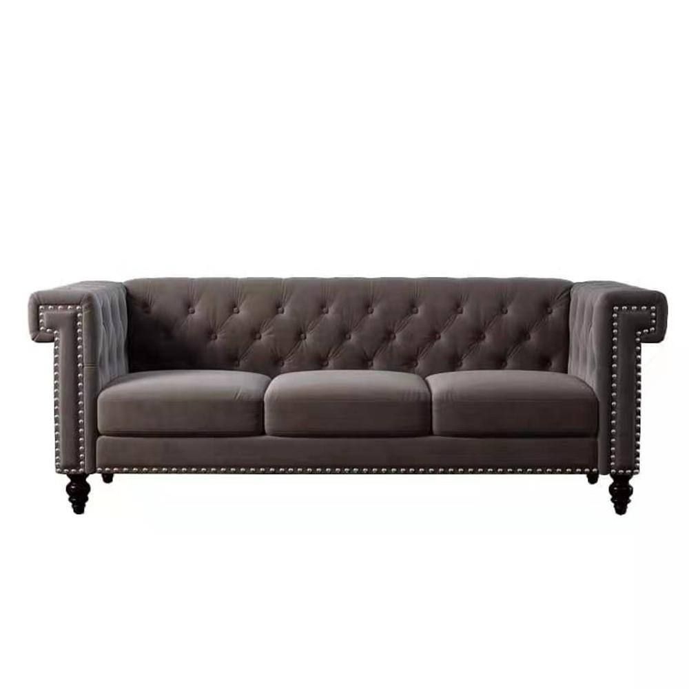 URTR 82.75 in. W Square Arm Velvet Chesterfield Sofa Button Tufted Upholstered Straight 3-Seater Sofa Couch in Brown