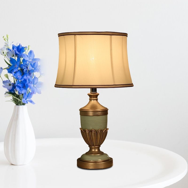 Vintage Drum Shaped Desk Lighting 1 Head Fabric Night Table Lamp with Black/Brown/Green Pot Base - Brown