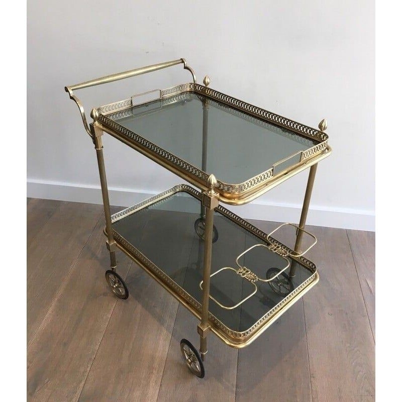 Vintage rolling table in brass and blue glass for La Maison Jansen, France 1940