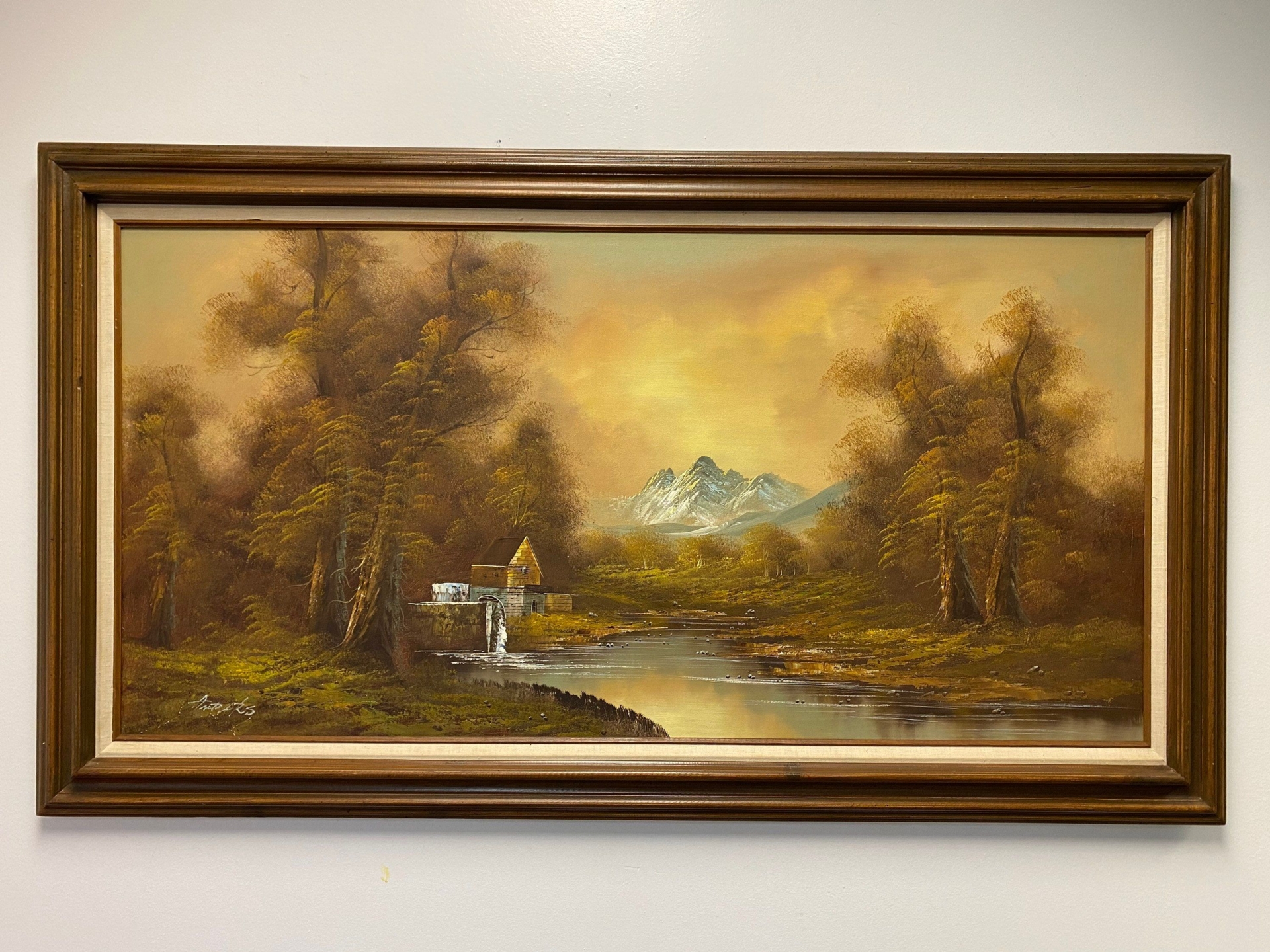 Vintage Summer Landscape Oil Painting of a Foresty Mountain Scene in Wooden Frame Signed by Artist