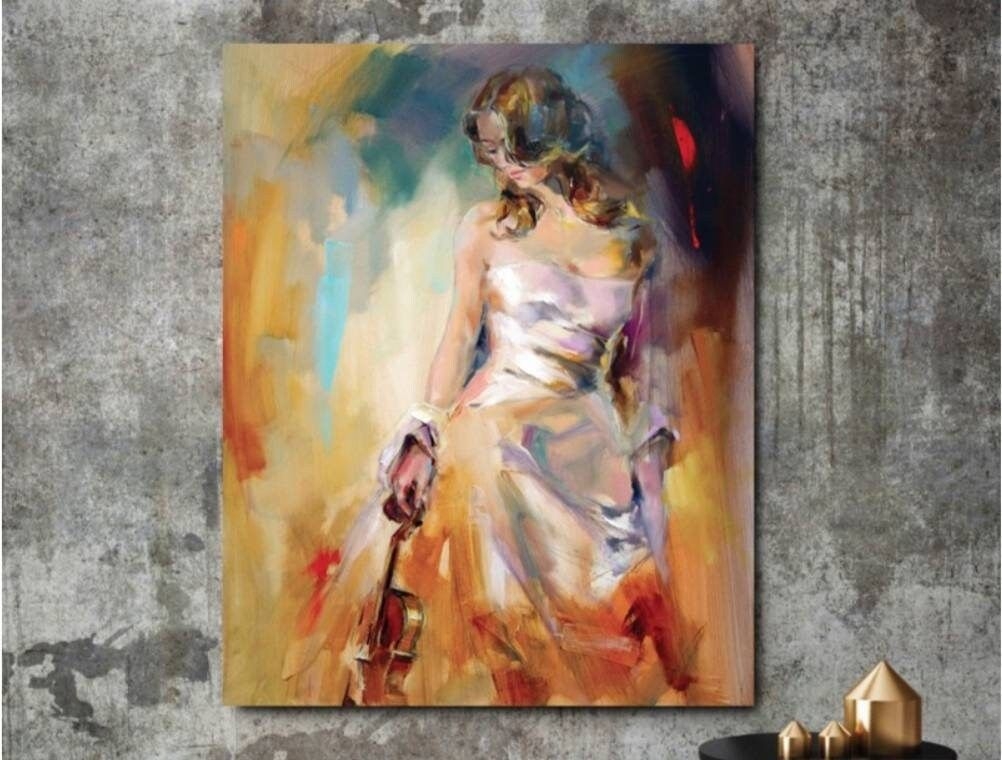 Violinist painting, music art original painting on canvas, women painting portrait abstract painting, portrait wall art, violinist art