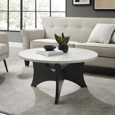 Welwick Designs 36 in. Faux White Faux Marble and Graphite Wood Intersecting Tri-Leg Coffee Table, Faux White Marble and Graphite