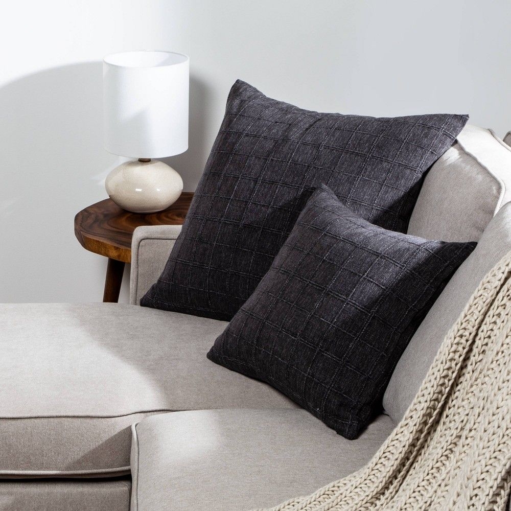 Woven Washed Windowpane Square Throw Pillow Dark Gray - Threshold