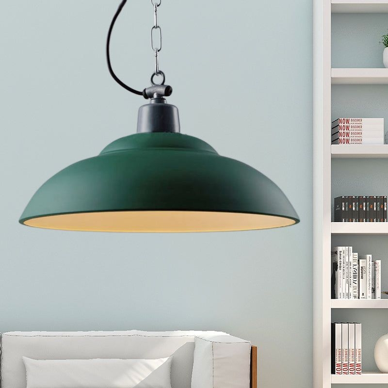 1 Head Metallic Hanging Lamp Vintage Style Black/Green Bowl Indoor Pendant Light with Chain Green