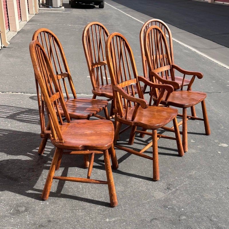 1970s Vintage Set of 6 Oak Brace Back Windsor Style Dining Chairs