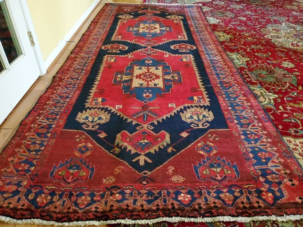4.6 x 10.6 Vintage Top quality Fine Turkish Area Rug Hand Knotted Unique One of a Kind Geometric Design