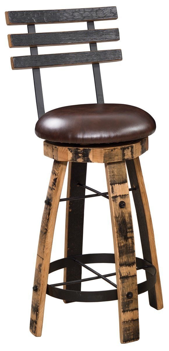 Amish Rustic Barrel Swivel Bar-Stool with Back and Leather Cushion Seat