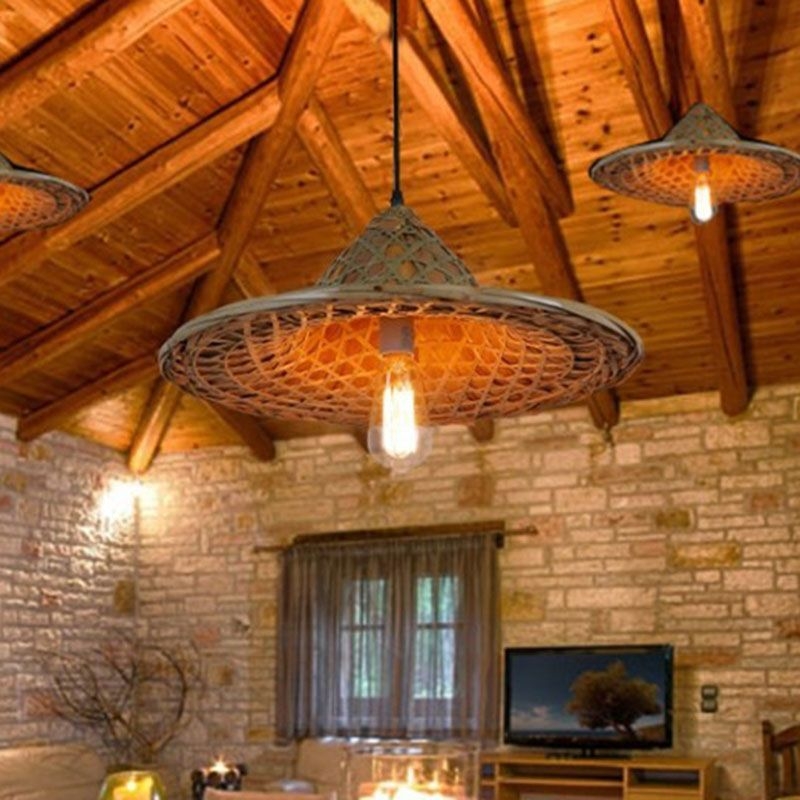 Bamboo Coolie Hat Pendant Lighting Asia Single-Bulb Wood Ceiling Hang Light for Restaurant - Wood / A