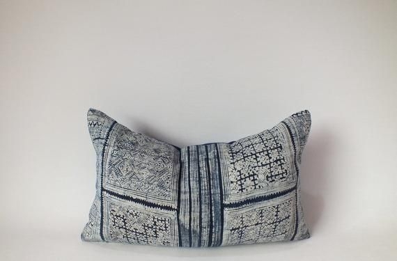 Blue Batik Pillow Indigo Sofa Cushion Cover Throw pillow Hmong Fabric Decorative Accent Pillow Lumbe