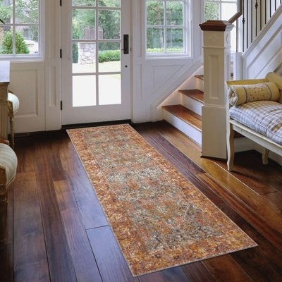 Blue / Brown 31 x 0.15 in Area Rug - Bungalow Rose Kinslee Traditional Bordered Low Pile Performance Area Rug Polypropylene | 31 W x 0.15 D in | Wayfair