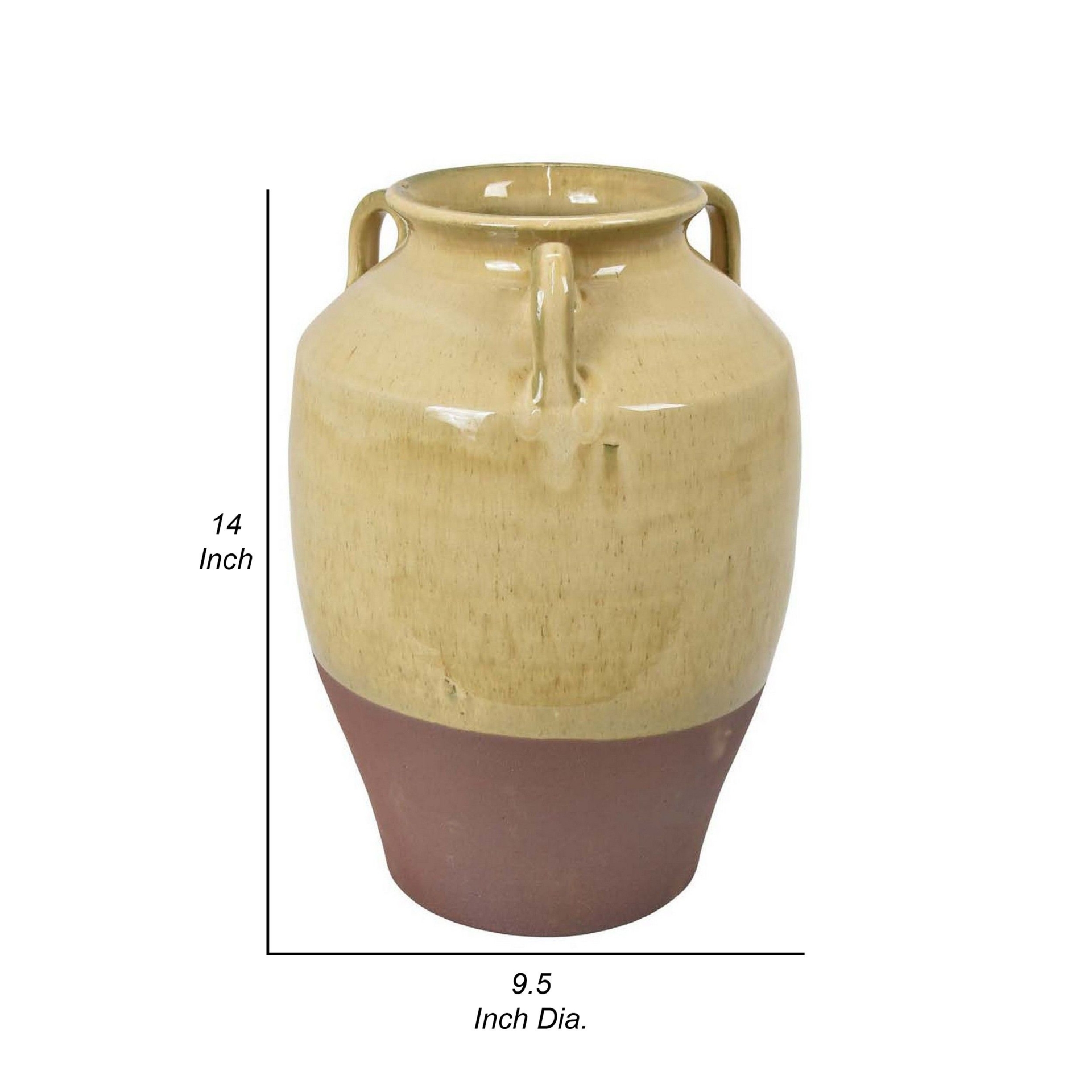 Elf 14 Inch 14" High Vase, Premitive Urn Shape, 3 Handles, Brown, Transitional Style - Benzara | Mathis Home