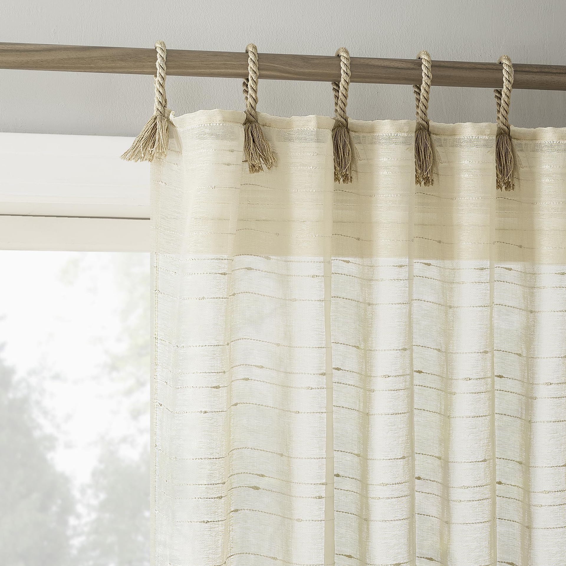 No. 918 Claudia 2-Pack Slub Stripe Linen Texture Rope Tab Semi-Sheer Tie Top Curtain Panel Pair, 50" x 84", Natural Beige