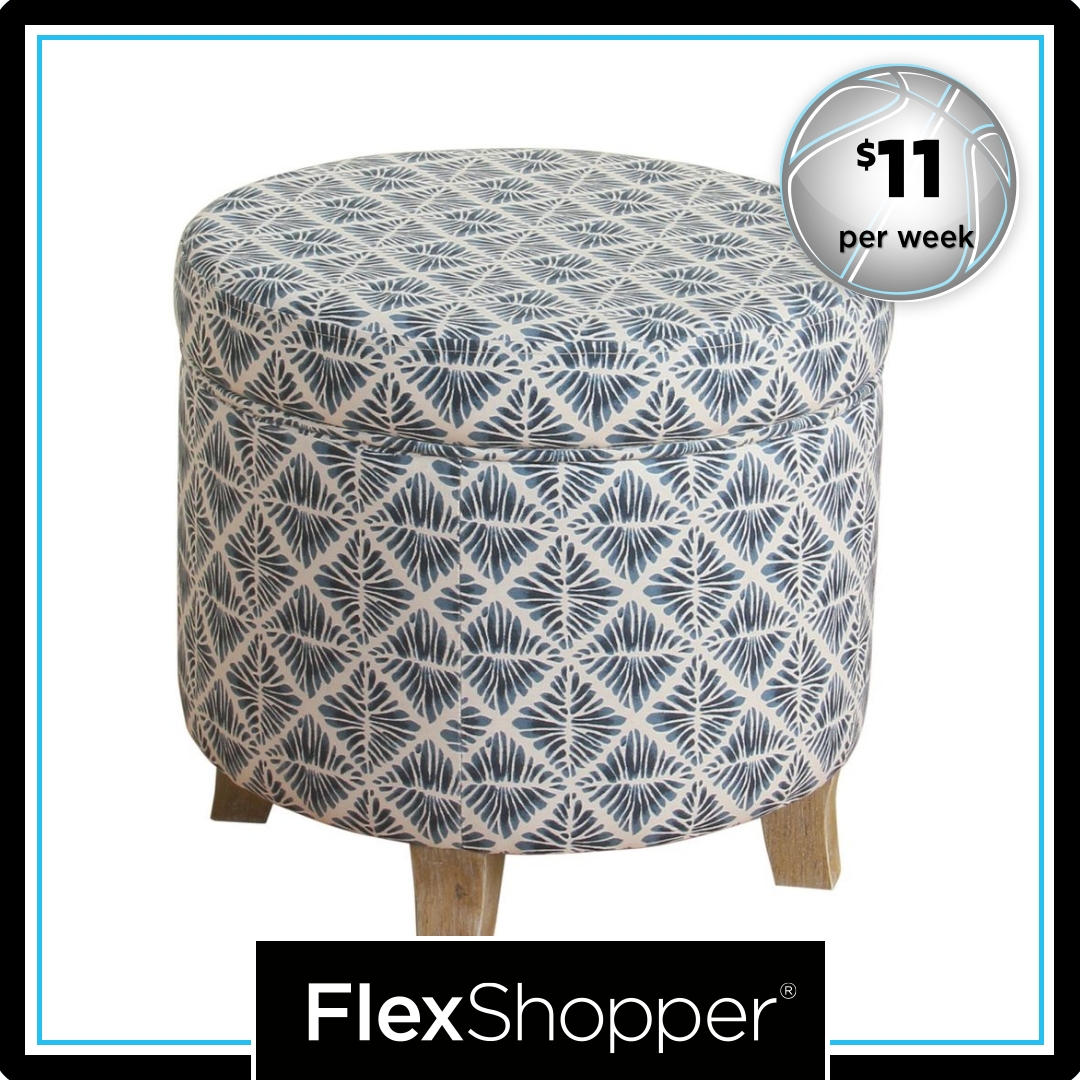 Round Shaped Fabric Upholstered Wooden Ottoman with Lift Off Lid Storage, Blue and White