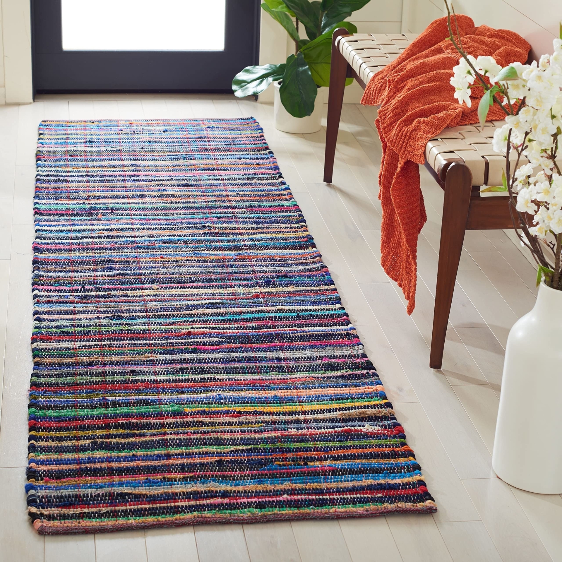 SAFAVIEH Rag Rug Collection Runner Rug - 2'3" x 8', Blue & Multi, Handmade Boho Stripe Cotton, Ideal for High Traffic Areas in Living Room, Bedroom (RAR240B)