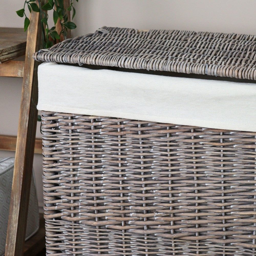Slim Grey Wash Rectangular Wicker Laundry Basket