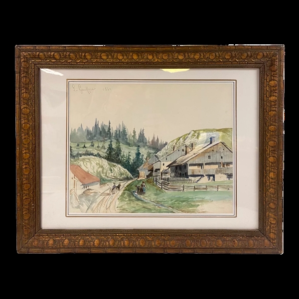 Tableau ancien, paysage de Montagne dans le Jura, XIX sicle