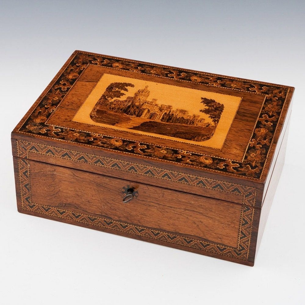 Tunbridge Ware Sewing Box with Eridge Castle Topographic Mosaic c1860