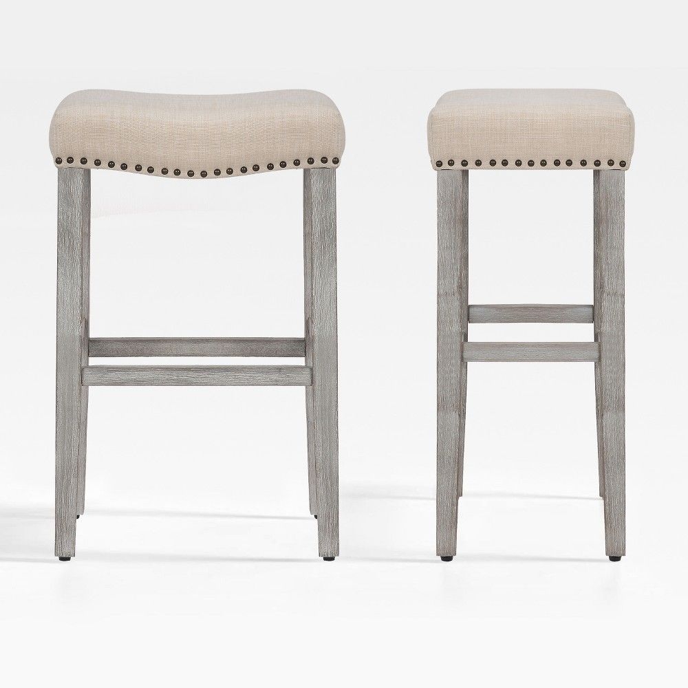 WestinTrends 29" Upholstered Saddle Seat Bar Stool (Set of 2), Antique Gray/Beige