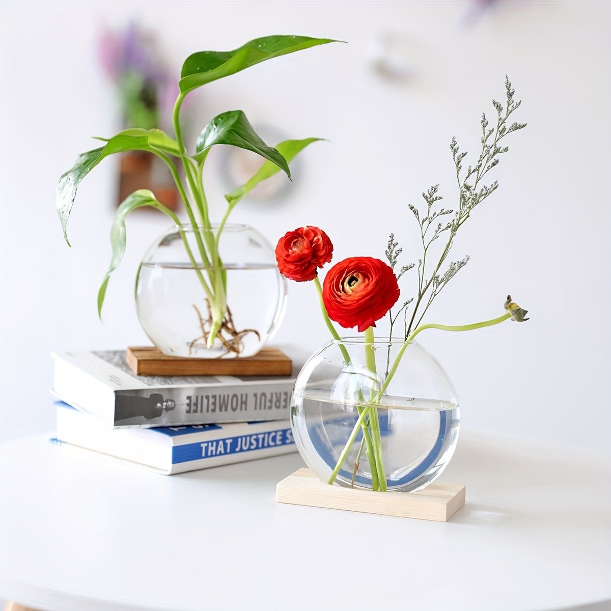 1/2pcs Desktop Round Glass Planter Terrarium Flower Vase With Wooden Stand For Propagation Small Hydroponic Plants Home Office Decor
