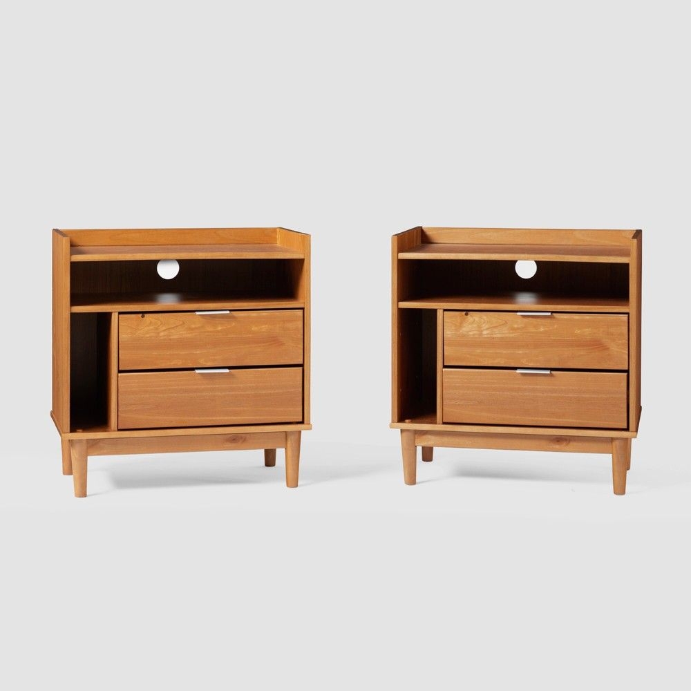 2pk Mid-Century Modern Solid Wood 2 Drawer Storage Nightstands Caramel - Saracina Home