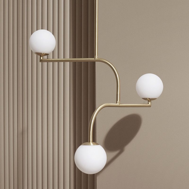 3 Lights Indoor Hanging Chandelier Light with Global White Glass Shade Modernist Gold Finish Pendant Lamp - Gold