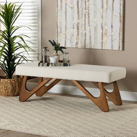 Baxton Studio Rika Japandi Cream Boucle Fabric and Walnut Brown Finished Wood Bench, White