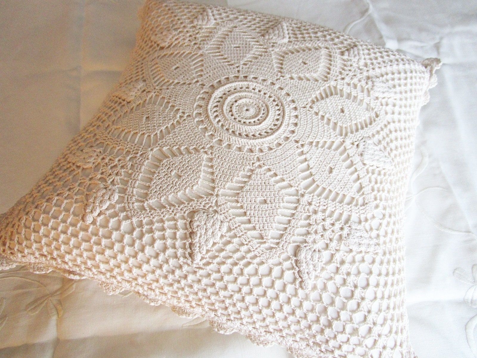 Beautiful Vintage Hand Crocheted, Natural Cotton, Grape and Geometric Pattern Decorator Throw Pillow, Feather Insert, Excellent Condition