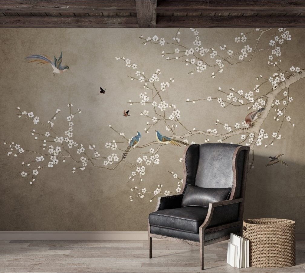beige chinoiserie wallpaper, japanese sakura wall art, chinese wall mural with birds / 3d wallpaper / removable / peel and stick wallpaper /