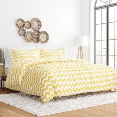 Chevron & Polka Dots Pattern Premium 3 Piece Duvet Cover Set, Ultra Soft, Easy Care - Becky Cameron, Arrow / Yellow, Full/Queen