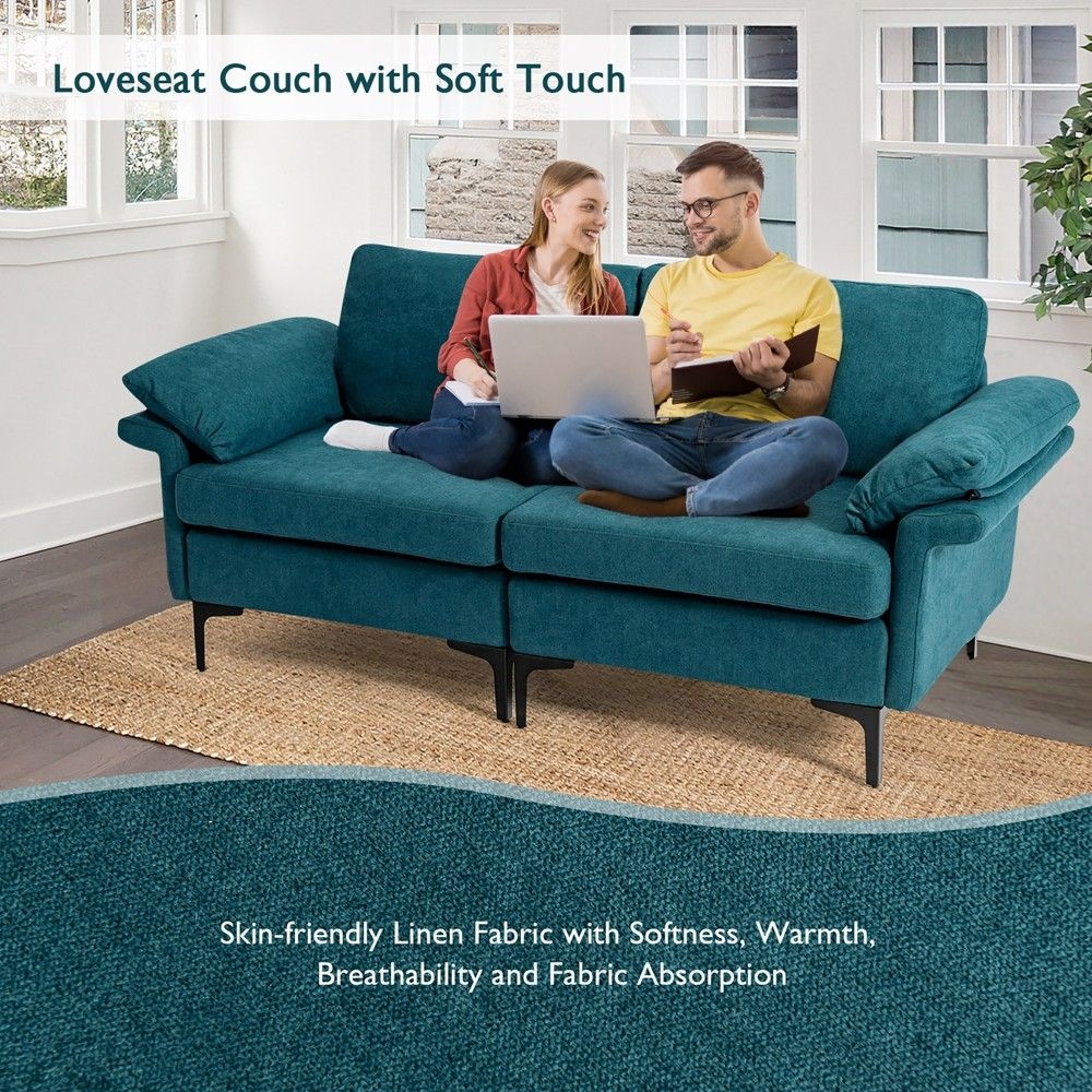 Costway Modern Loveseat Fabric 2-Seat Sofa Couch for Small Space w/ Metal Legs Blue