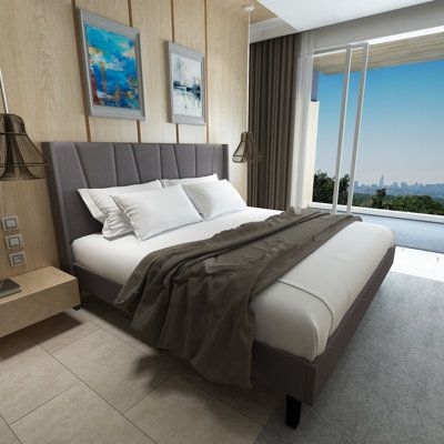 Ebern Designs Mengni Low Profile Platform Bed Upholstered / Linen in Gray, Size 43.0 H x 80.0 W x 82.0 D in | Wayfair
