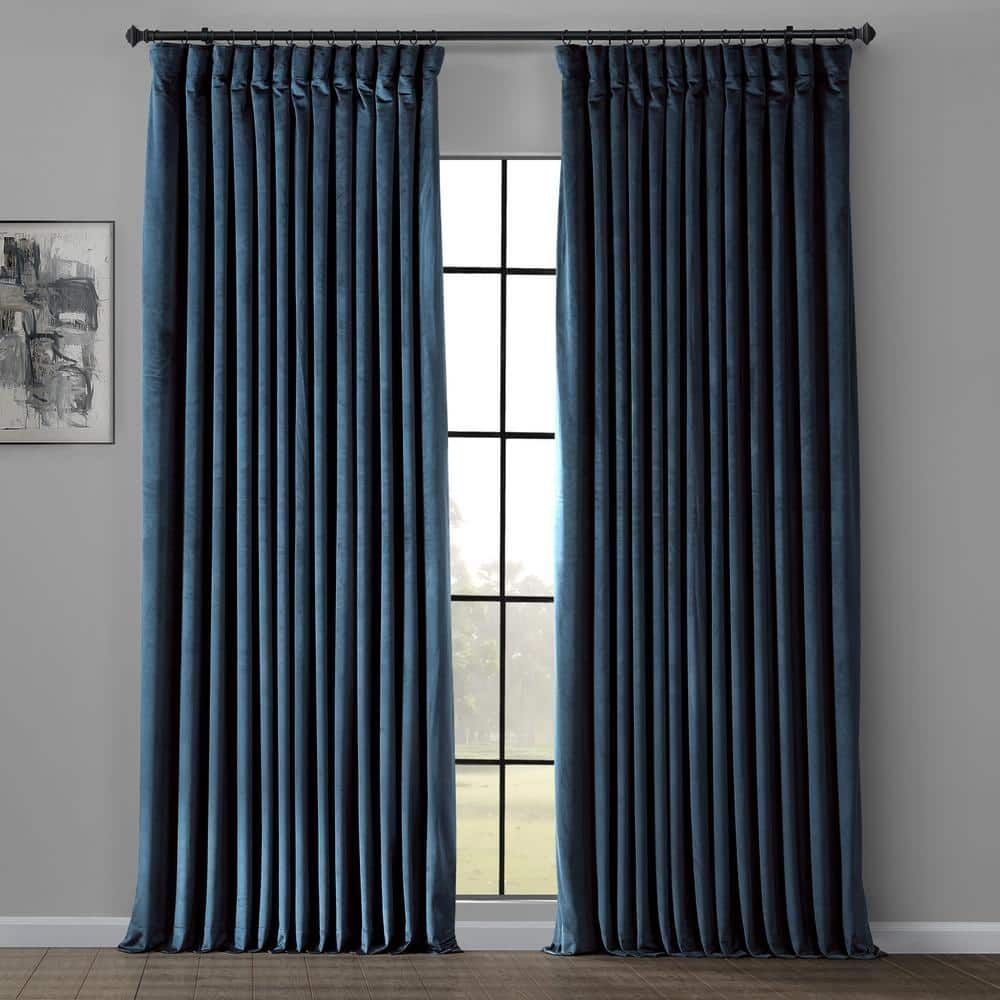 Exclusive Fabrics & Furnishings Avalon Blue Velvet Rod Pocket Room Darkening Curtain - 100 in. W x 96 in. L