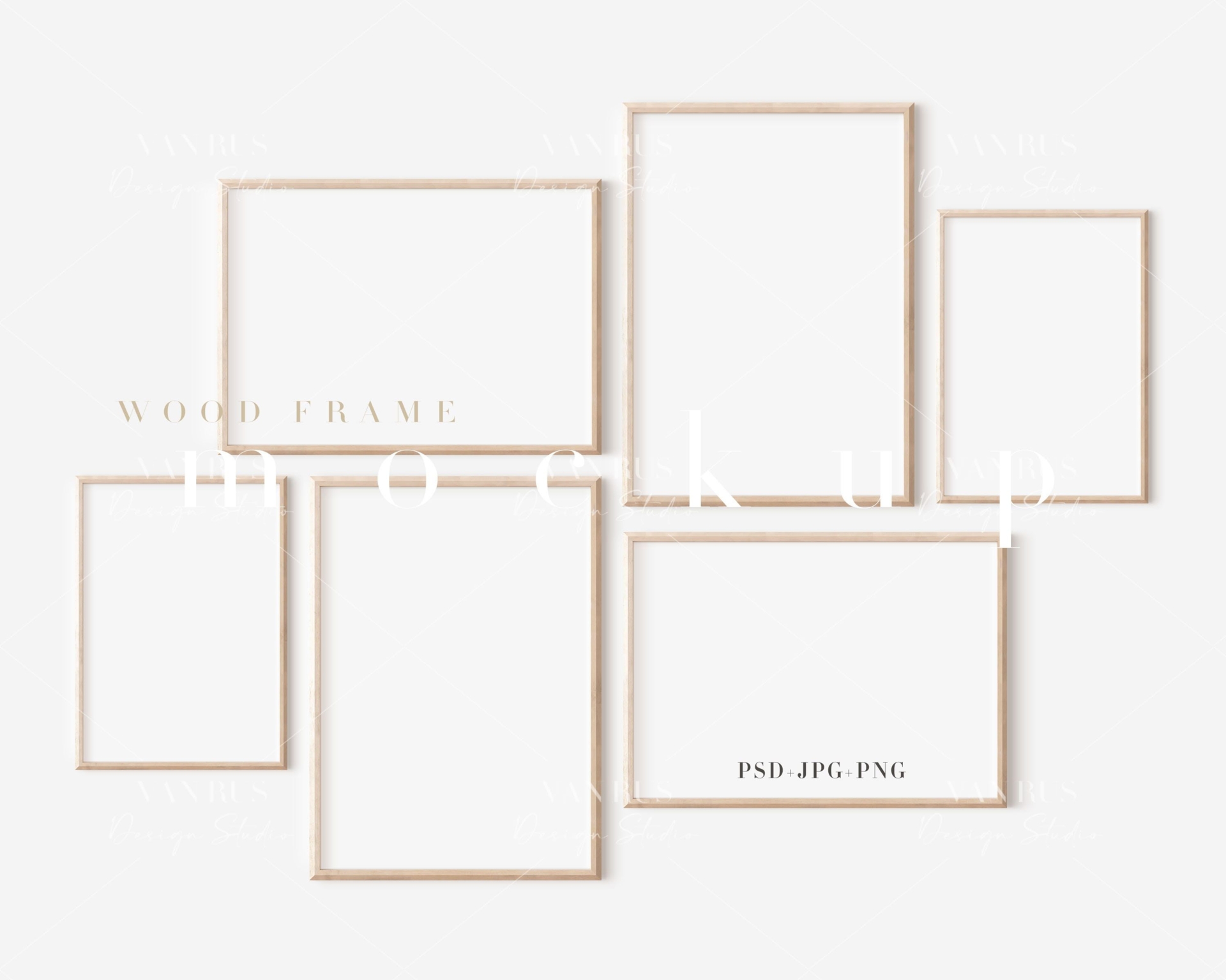 Gallery Wall Mockup/Wood Frame/A4 Minimalist Wood Framed Art Display with 6 Frames/Frame Mockup Template/PNG JPG PSD Smart Object/N120