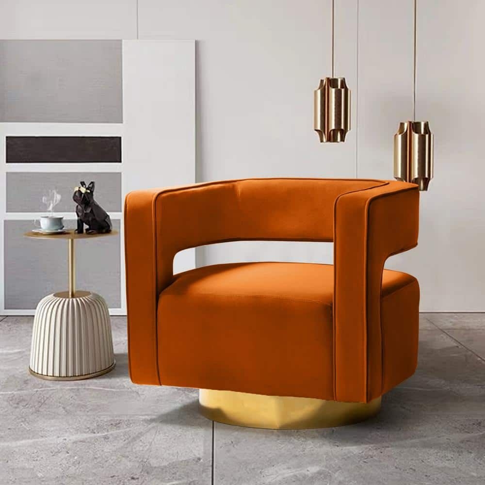 JAYDEN CREATION Gustaf Contemporary Velvet Orange Comfy Swivel Barrel Chair with Open Back and Metal Base