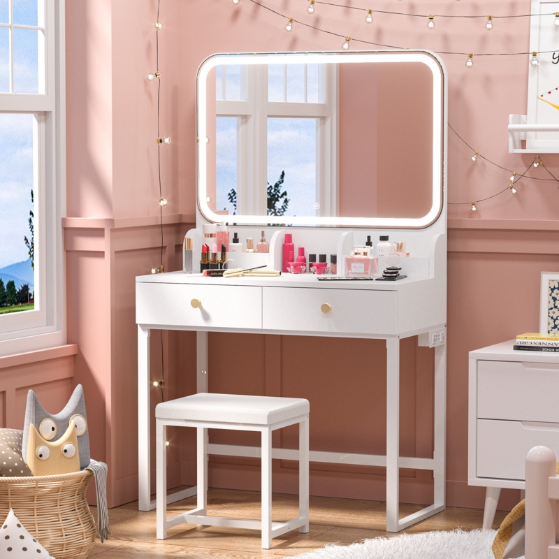 Leileen 31.5" W Makeup Vanity Set With LED Lighted Mirror u0026 Power Outlet u0026 Stool