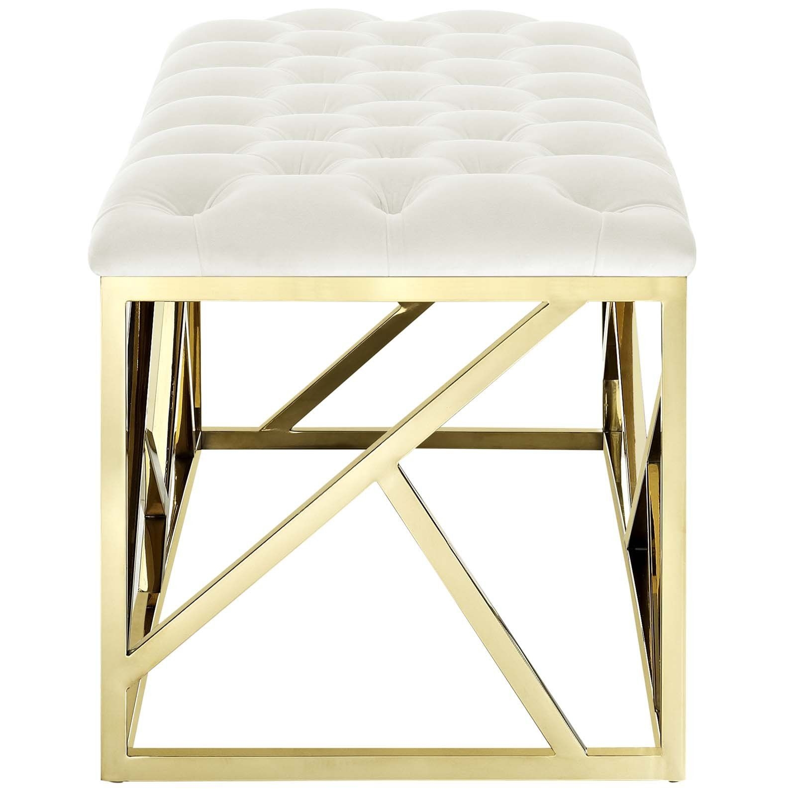Modway Intersperse Tufted Modern 17.5" High Bench With Gold Stainless Steel Geometric Frame In Gold Ivory | Mathis Home