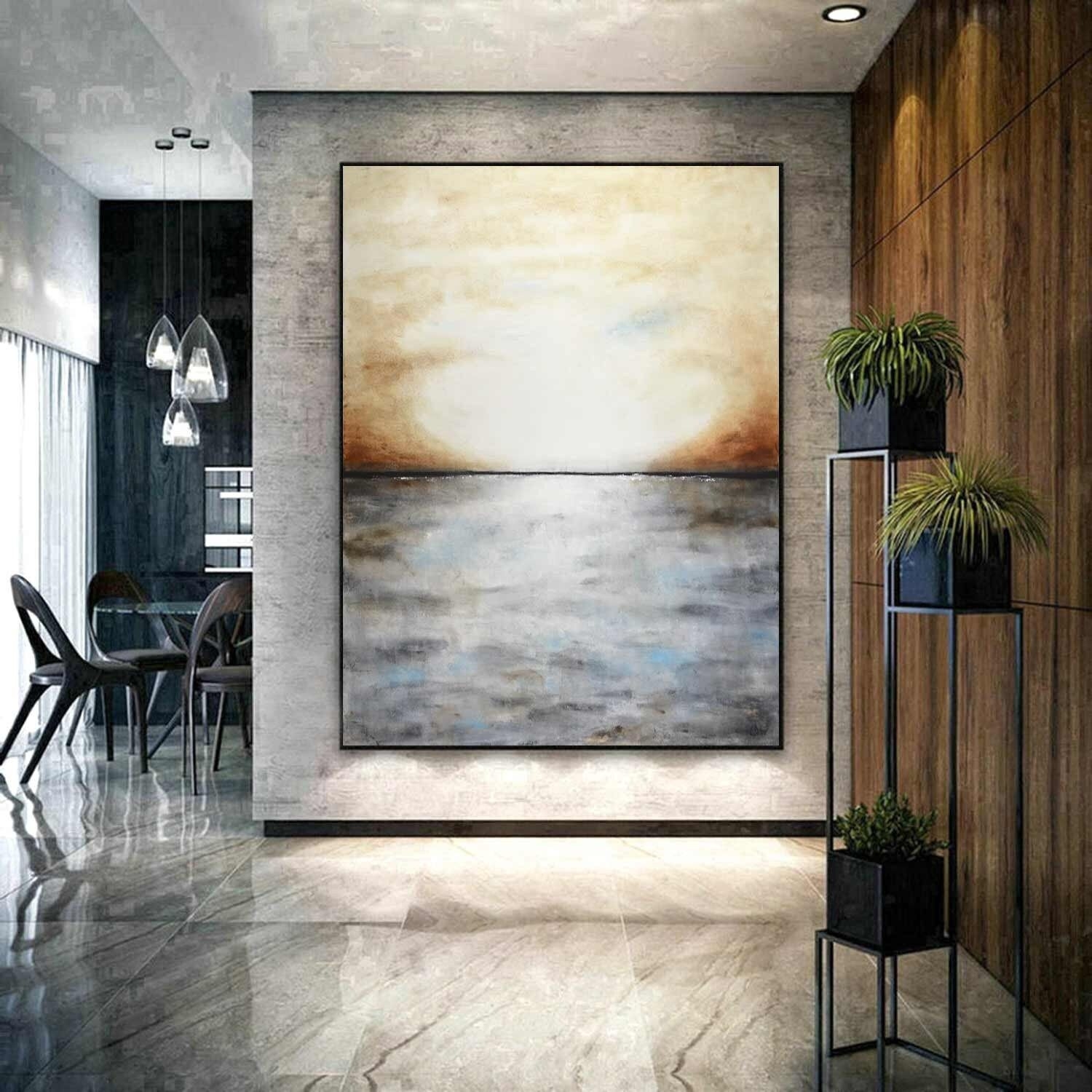 Vertical Landscape Seascape Painting Brown Gray Modern Abstract Wall Art Calming Oil Painting on Canvas Art Gallery Fine Art