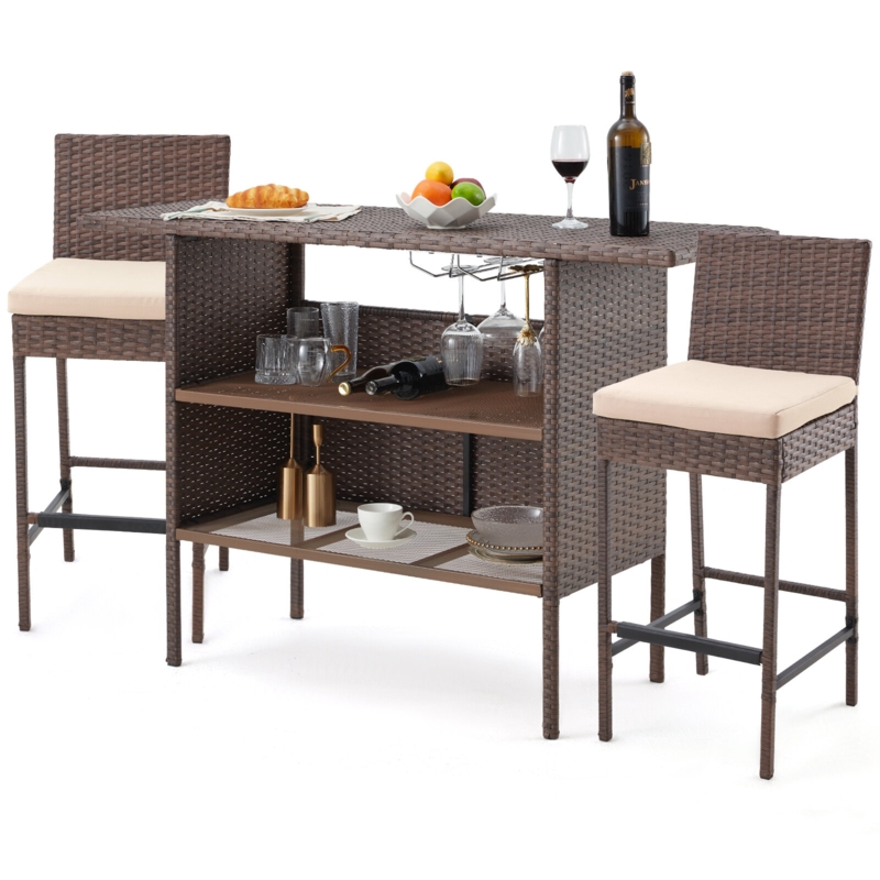 3-Piece Patio Bar Set With Wicker Bar Chairs u0026 Outdoor Bar Table