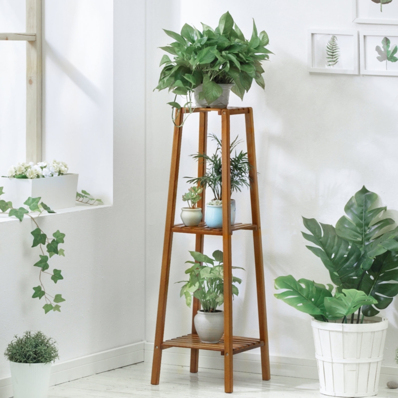 3 Tiers Trapezoidal Bamboo Wood Plant Pot Stand Holder Free Standing