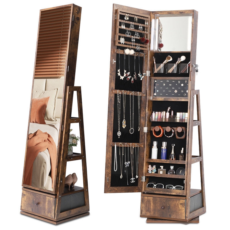 360 Swivel Jewelry Cabinet with Full-length Mirror and Storage Drawers