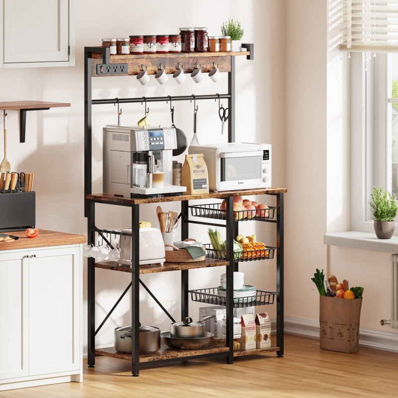 38.2'' Baker's Rack with Power Outlets, Microwave Stand, Coffee Bar, 3 Wire Baskets, 10 S-Hooks
