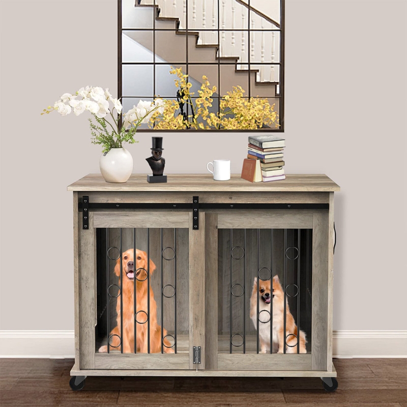 39"W Dog Crate Furniture With Sliding Barn Door, Wood Dog Kennel End Table With Wheels u0026 Flip-Top Plate, Dog House With Detachable Divider