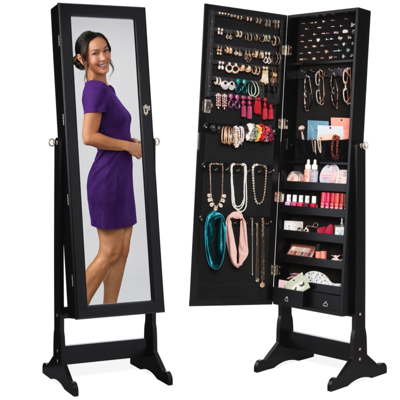 6-Tier Standing Mirror Lockable Storage Organizer Cabinet Armoire W/ LED Lights - Black
