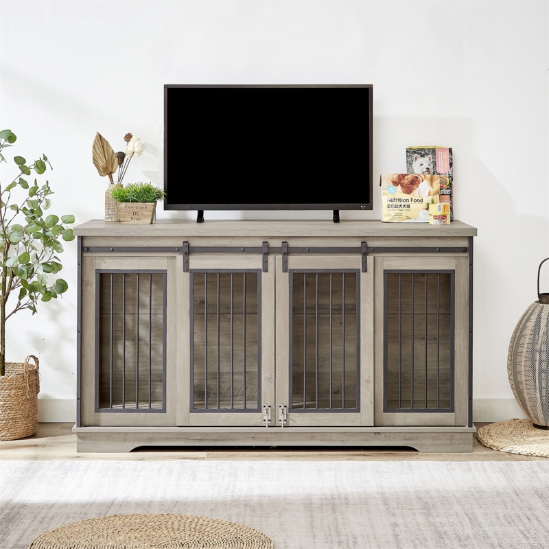 61'' Super Big Furniture Style Dog Crate Dog Kennel Cage W/ Detachable Layer Rustic Gray