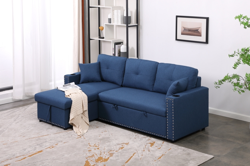 Cidalino 83'' Upholstered Sleeper Sofa Chaise with Storageu0026 2 Cup Holders