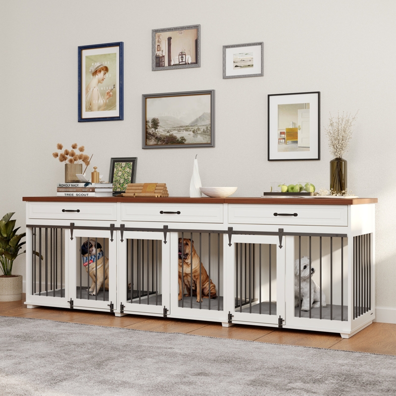 Dog Crate Furniture Indoor Wood Dog Kennel Cages With 3 Sliding Barn Doors, 2 Divider u0026 3 Draws, 95"X23.6"X31.5"H