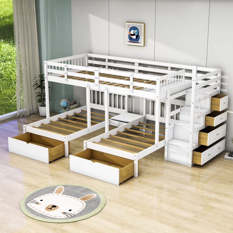 Erlingur Full Over Twin & Twin Wood Triple Bunk Bed with Shelf and Drawers