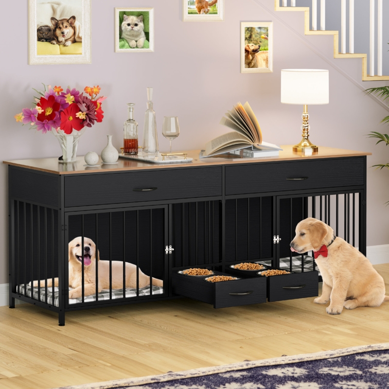 Furniture-Style Dog Crate With 2 Feeding Drawers
