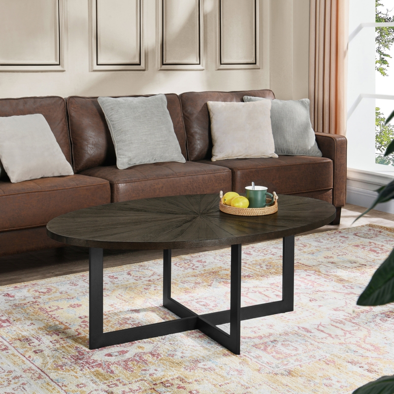 Glidewell Solid Wood Veneer Oval Coffee Table with Metal Legs